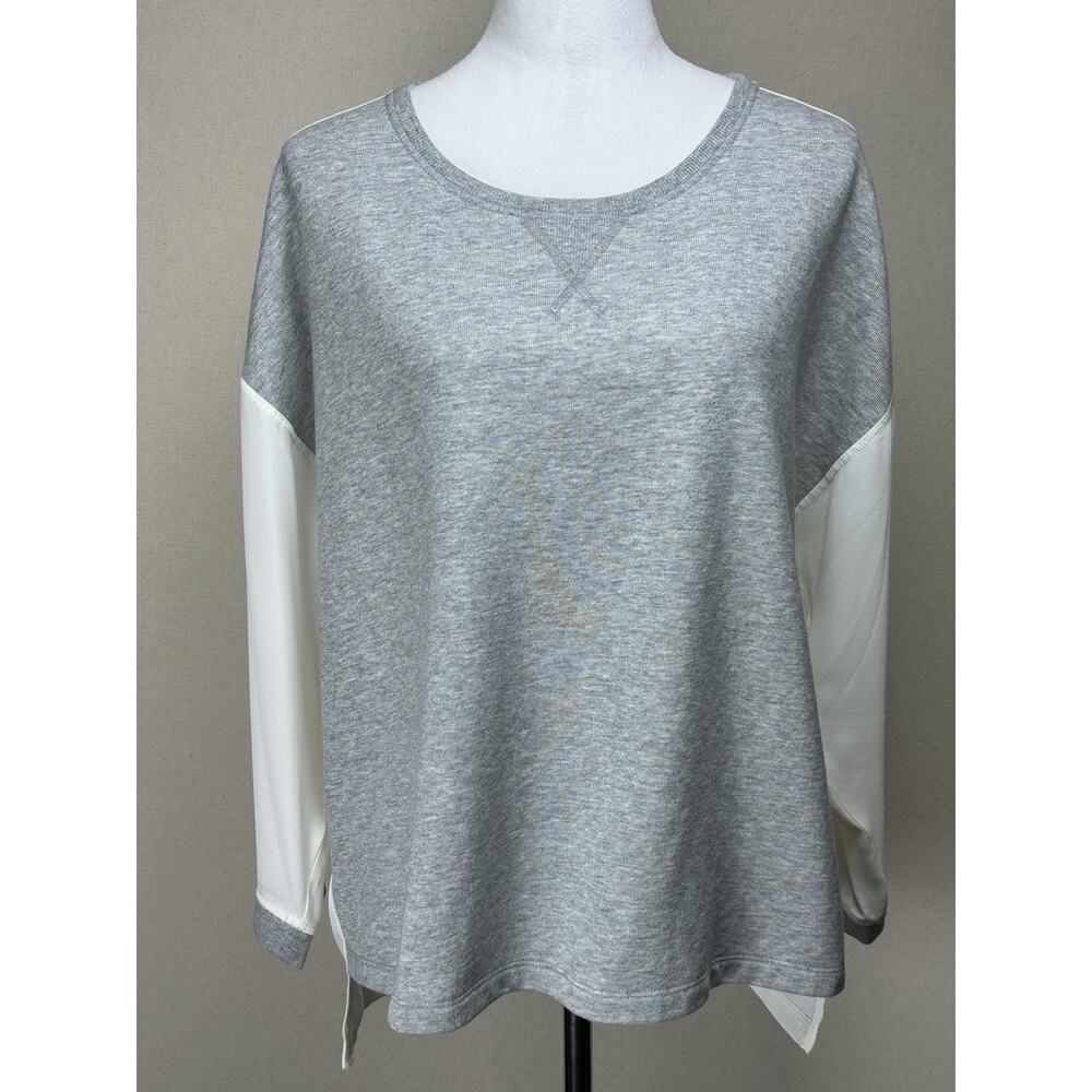 Women's Ann Taylor LOFT Sz L Gray White Sweater Blouse Cotton Polyester Casual